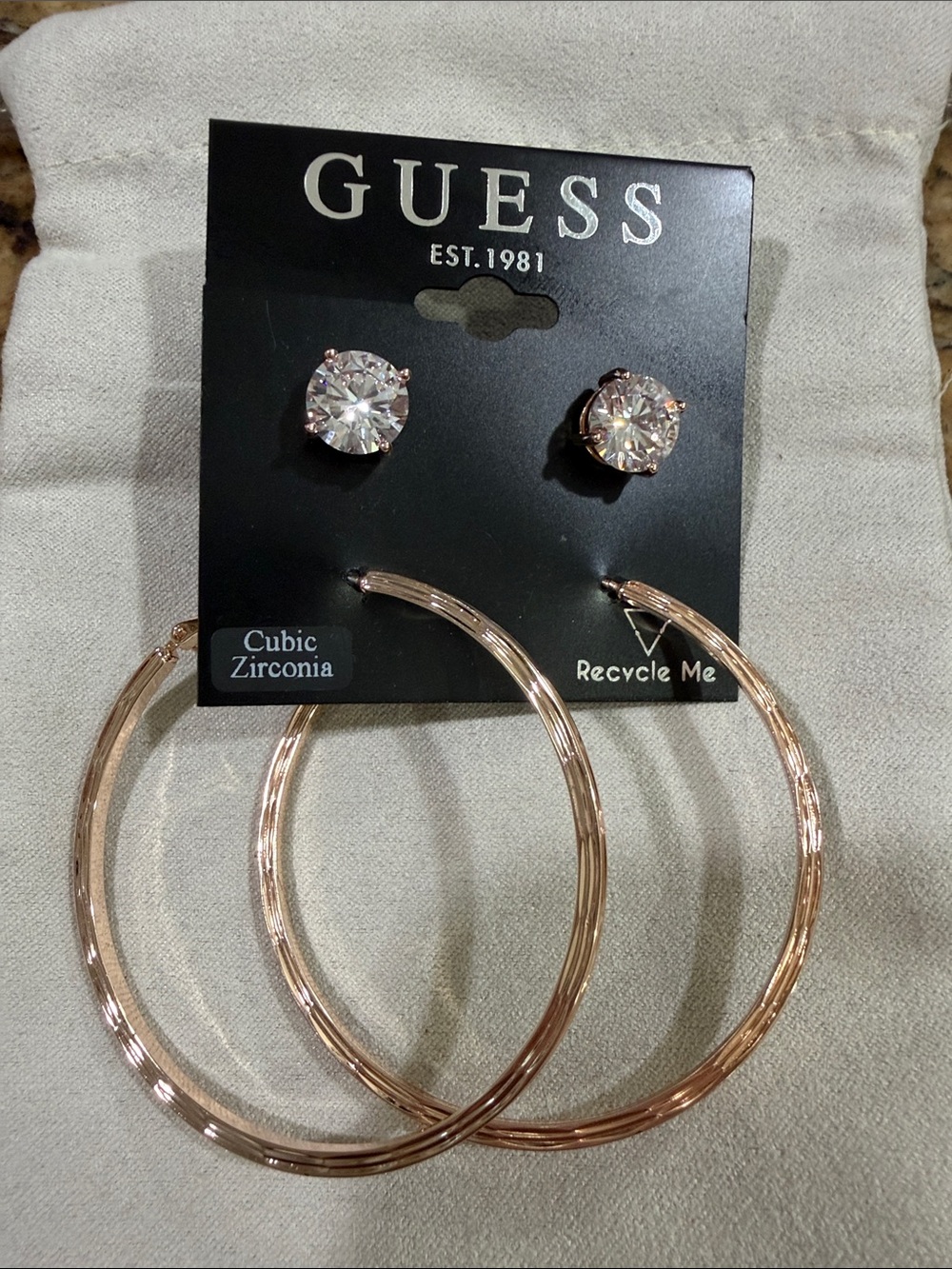 GUESS Rose Gold Hoop and Clear Cubic Zirconia Stud Earring Set